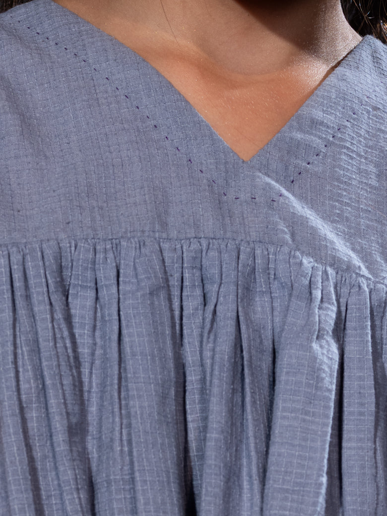 V-Neck Gathered - Grey/Turquoise