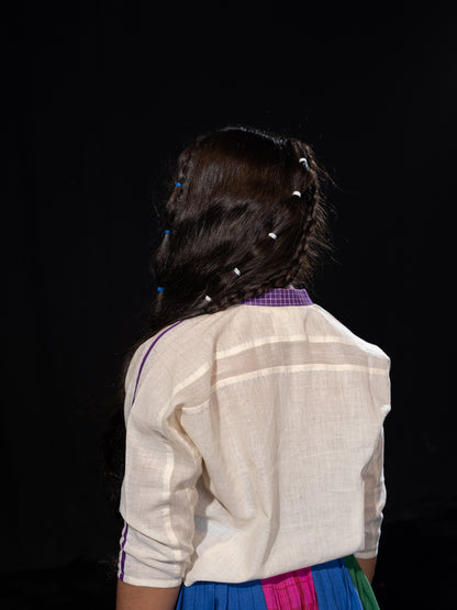 Mandarin Collar Shirt - Purple Checks / White